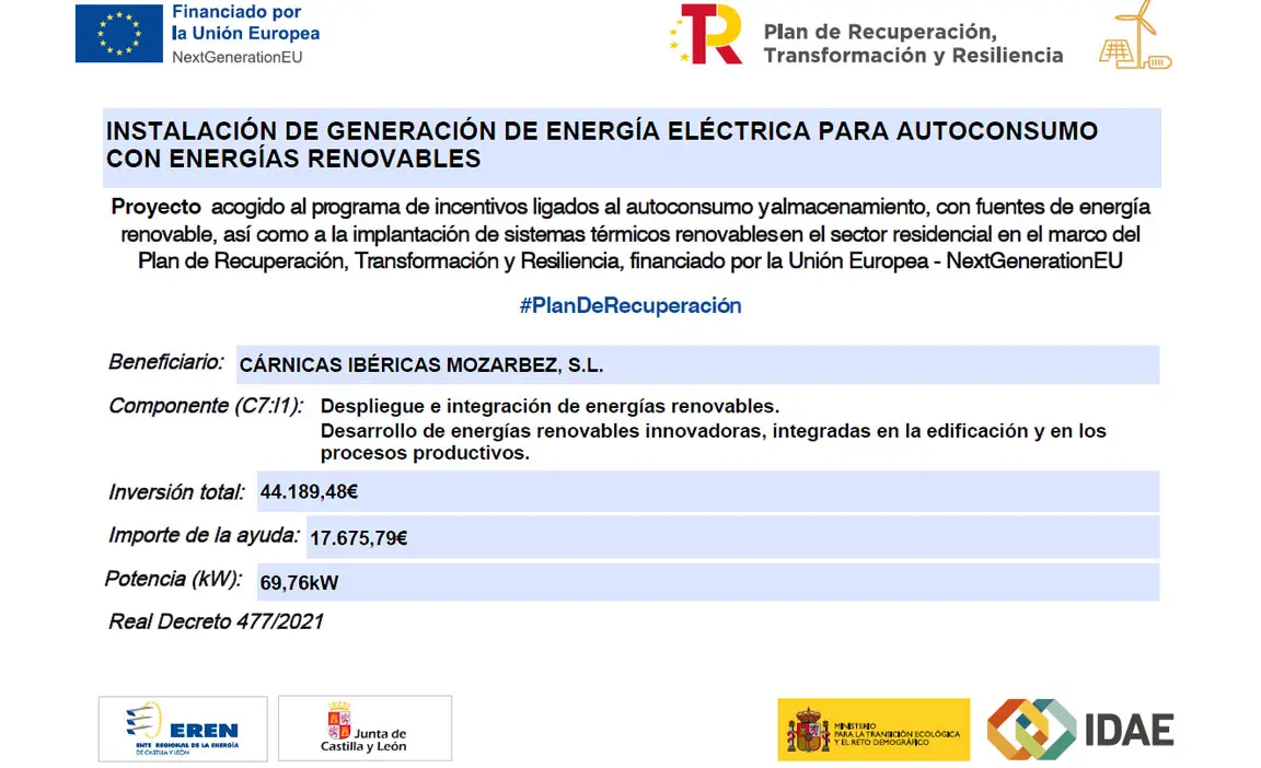 Instalación de generación de energía eléctrica para autoconsumo con energías renovables